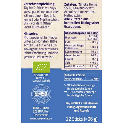 Nährwerttabelle, Zutatenliste und Verzehrempfehlung auf der Rückseite der HOYER Manuka Honig Liquid-Sticks Packung.