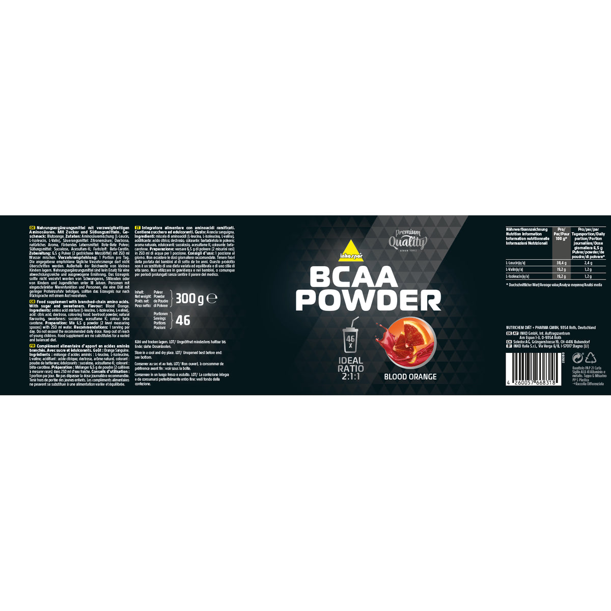 Etikett des inko x-treme bcaa Pulvers 300g mit Nährwerttabelle, Zutatenliste und Anwendungshinweisen