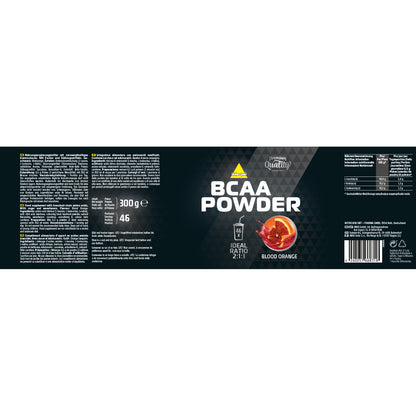 Etikett des inko x-treme bcaa Pulvers 300g mit Nährwerttabelle, Zutatenliste und Anwendungshinweisen