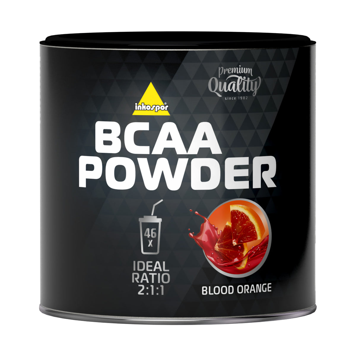 Dose Inkospor BCAA Pulver 300g Blood Orange mit Produktlogo, Geschmacksabbildung und Hinweis auf ideales Aminosäurenverhältnis