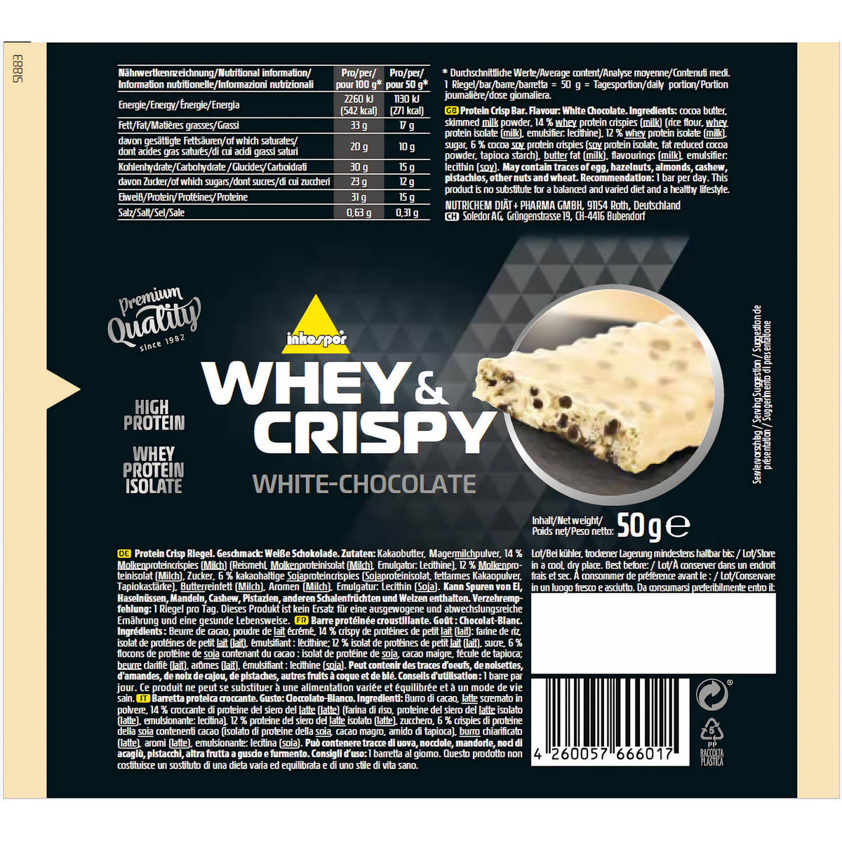 Nährwertangaben und Zutaten eines inko whey & crispy riegels white-chocolate auf heller Verpackung mit Produktfoto.