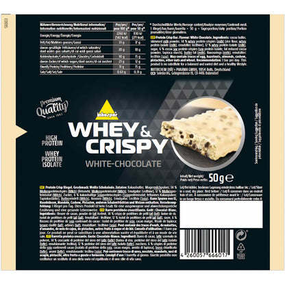 Nährwertangaben und Zutaten eines inko whey & crispy riegels white-chocolate auf heller Verpackung mit Produktfoto.