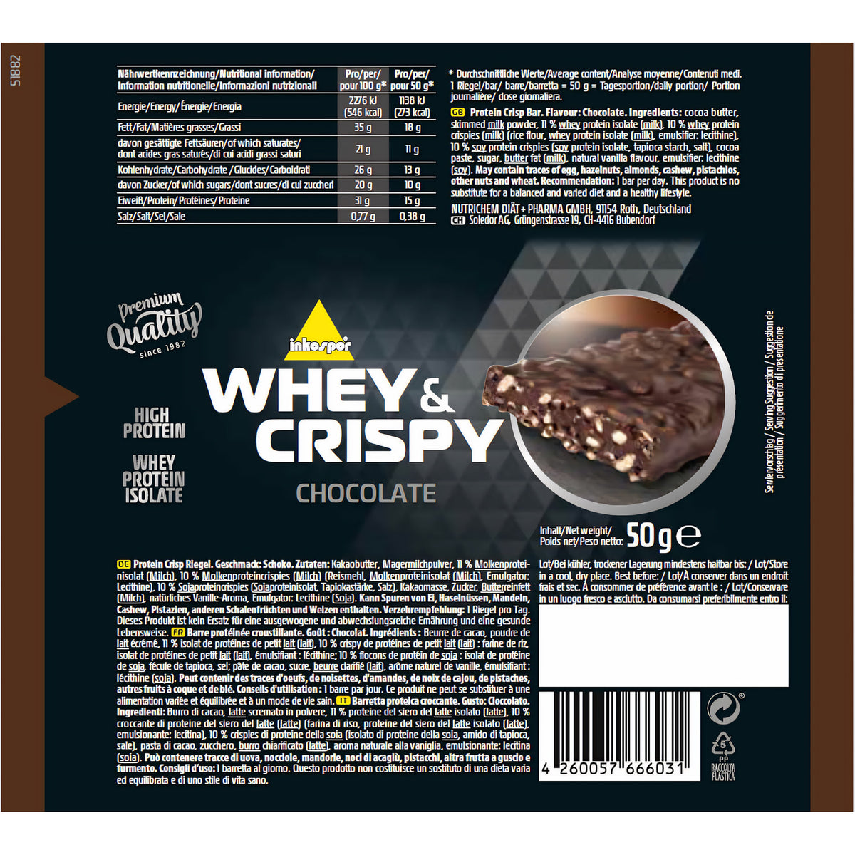 Zutatenliste und Nährwerttabelle eines inko whey protein riegels chocolate auf brauner Verpackung mit Produktabbildung.