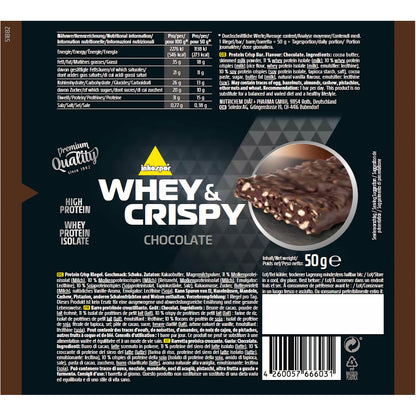 Zutatenliste und Nährwerttabelle eines inko whey protein riegels chocolate auf brauner Verpackung mit Produktabbildung.