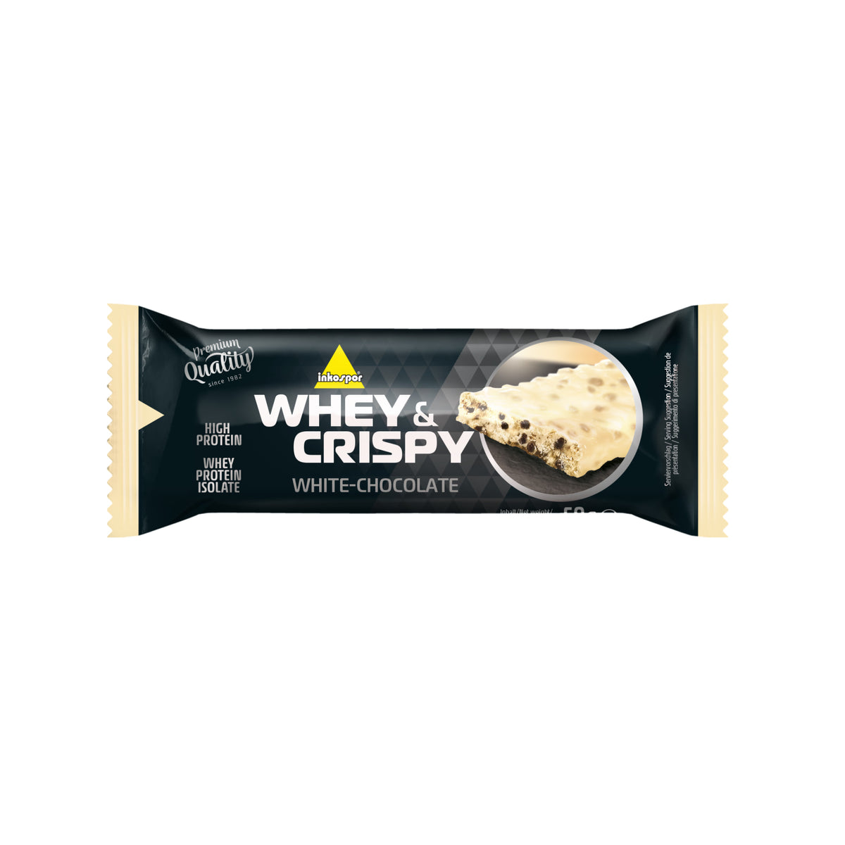 Verpackter inko whey & crispy riegel white-chocolate mit weißer Schokoladenoptik und hellem Verpackungsrand.