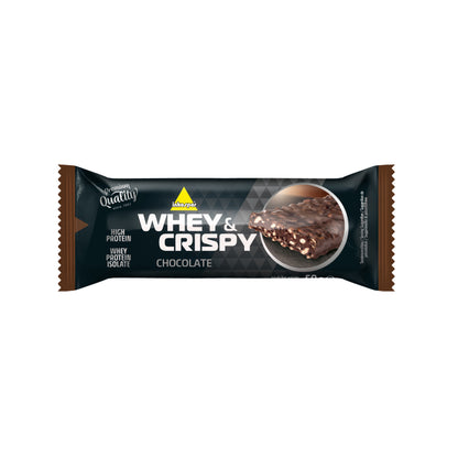 Verpackter inko whey & crispy protein riegel chocolate mit sichtbarem Schokoriegel und dunklem Design.