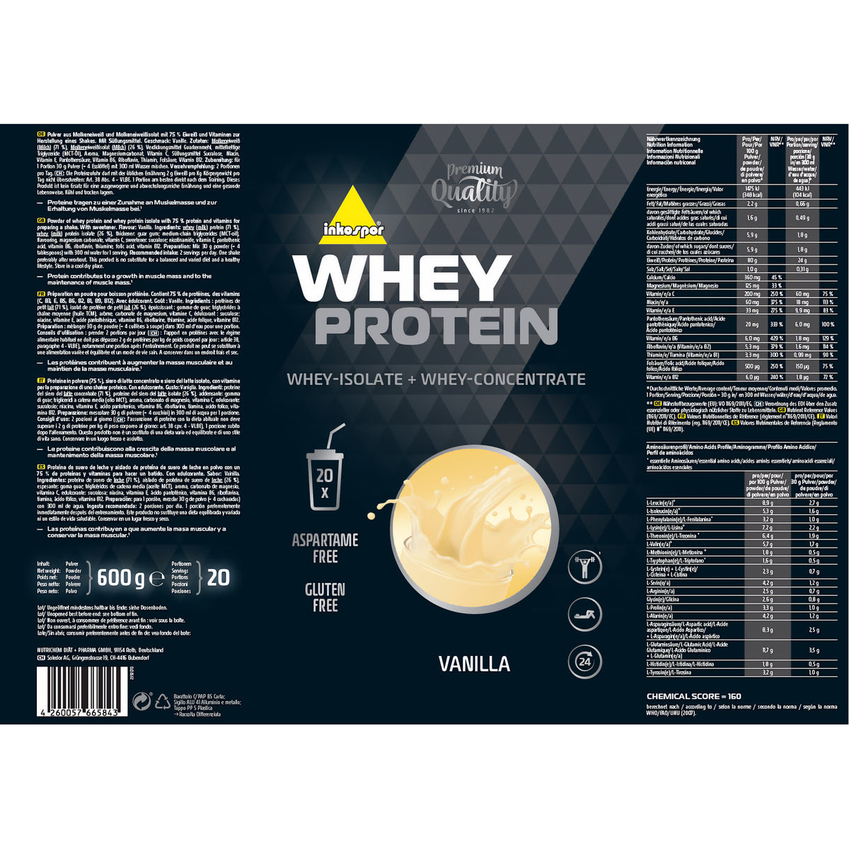 Etikett der Inko X-treme Whey Protein 600g Dose Vanille mit Nährwerttabelle, Zutaten und shake-Illustration, flach von vorne aufgenommen.