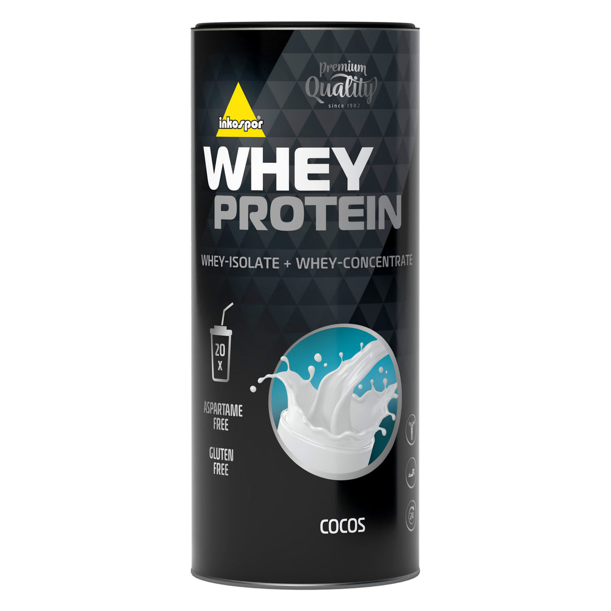 Inko X-treme Whey Protein 600g Dose Cocos, schwarze Verpackung mit weißem shake-Motiv und inko aktive Schriftzug, frontal fotografiert.