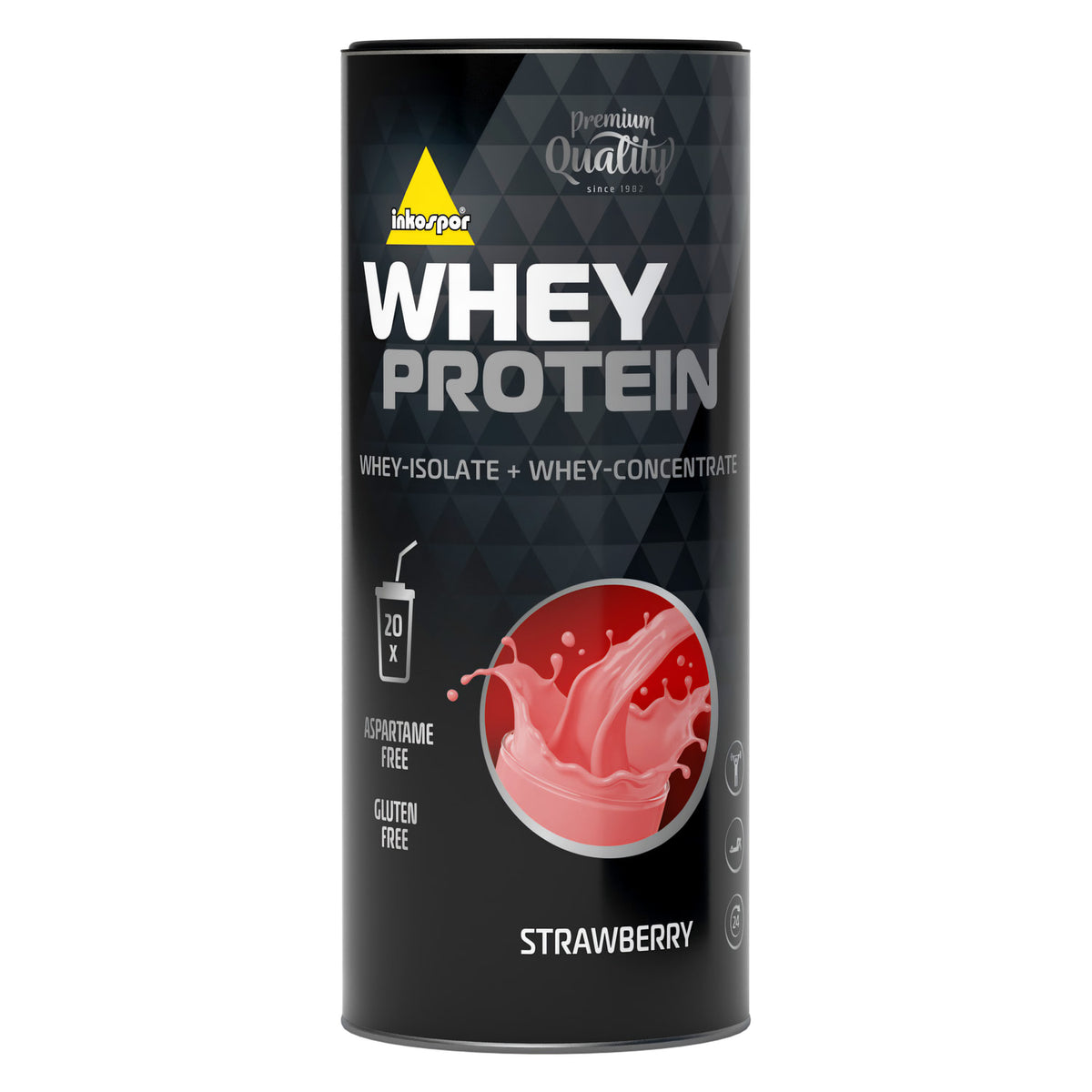Inko X-treme Whey Protein 600g Dose Strawberry, rote shake-Illustration auf schwarzer Verpackung, frontal mit post workout shakes Hinweis.