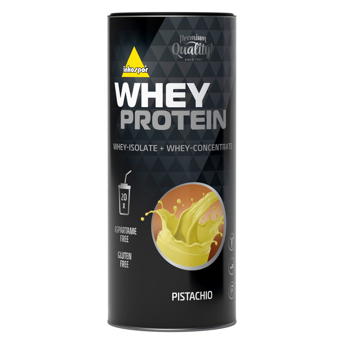 Inko X-treme Whey Protein 600g Dose Pistachio, grünliches shake-Motiv auf schwarzer Dose, aktive und muskelaufbau Hinweis sichtbar.