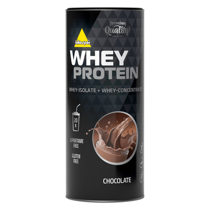 Inko X-treme Whey Protein 600g Dose Schokoladengeschmack, schwarze Verpackung mit Produktabbildung und shake-Motiv von oben fotografiert.
