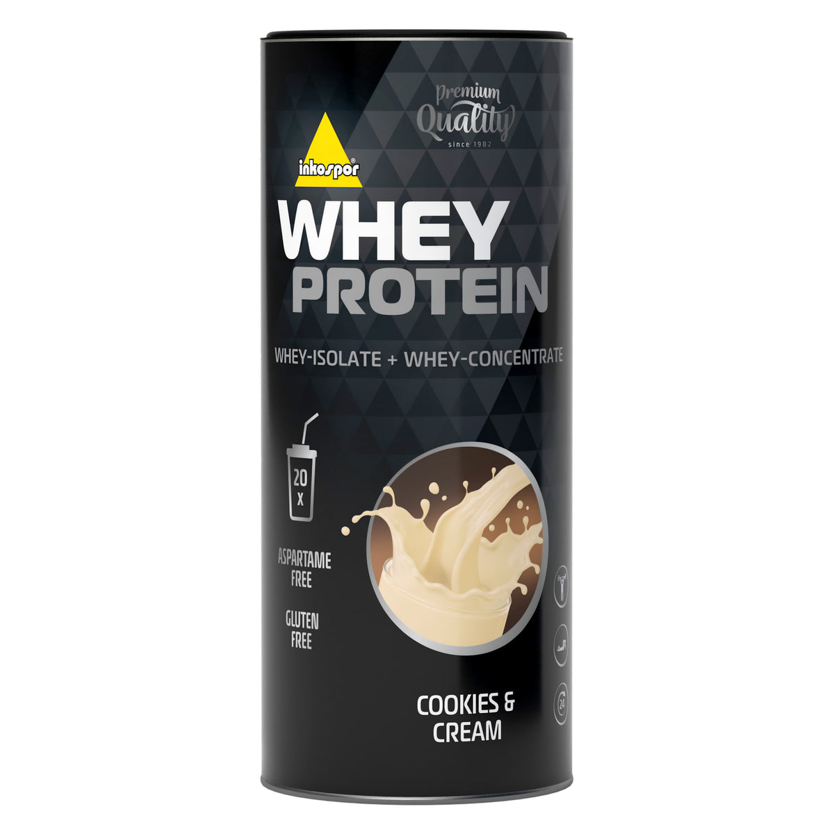 Inko X-treme Whey Protein 600g Dose Cookies & Cream, schwarze Dose mit beigem shake-Motiv und protein Hinweis, von vorne abgebildet.