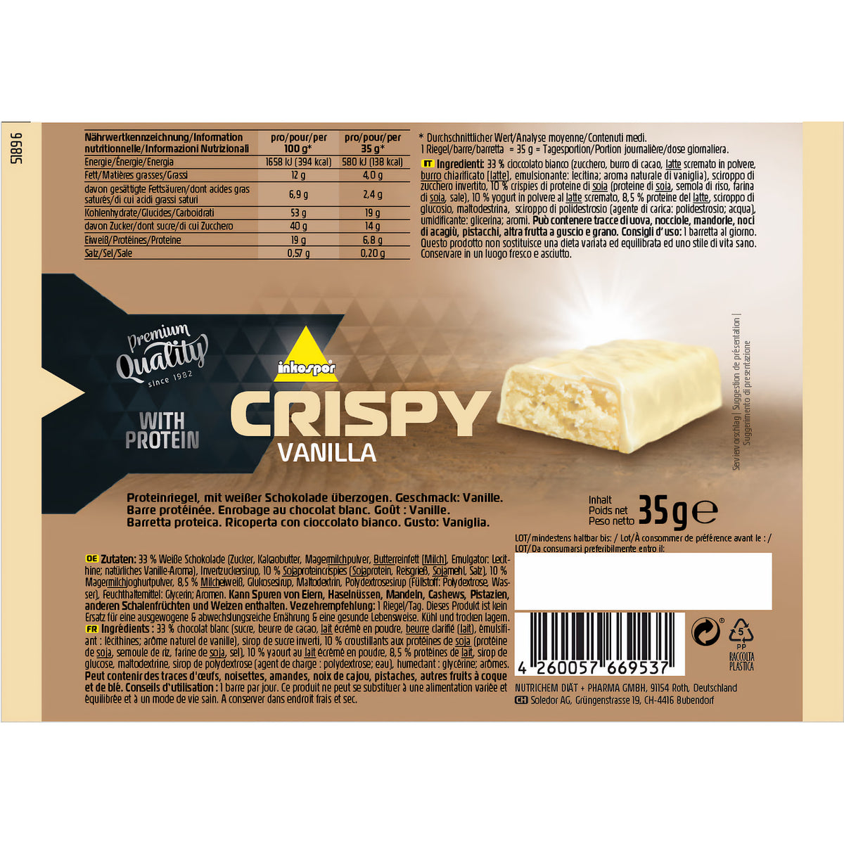 Verpackungsrückseite eines inko active crispy protein riegels mit Vanillegeschmack, sichtbare Zutaten und Nährwerte, Produktabbildung auf hellem Hintergrund.