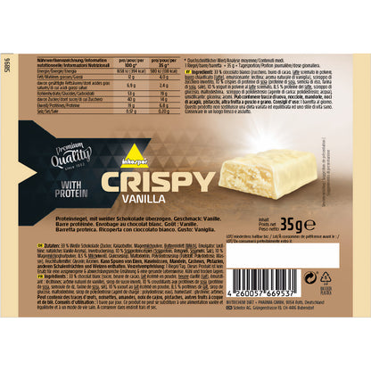 Verpackungsrückseite eines inko active crispy protein riegels mit Vanillegeschmack, sichtbare Zutaten und Nährwerte, Produktabbildung auf hellem Hintergrund.