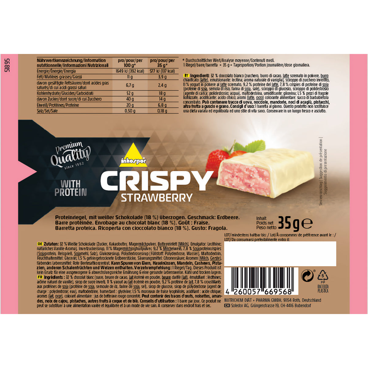 Zutatenliste und Nährwerttabelle eines inko active crispy riegels mit Erdbeergeschmack, Verpackung mit Produktabbildung und Erdbeeren im Hintergrund.