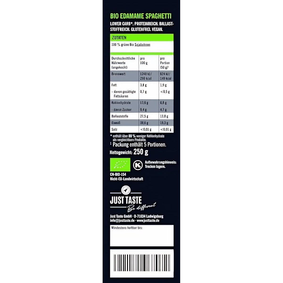 JUST TASTE - 3 BIO Superfood Bohnen Pasta Sorten - 6er Pack á 250g (2 x Edamame, 2x Kichererbse, 2x Black Beans) — Abbildung 2