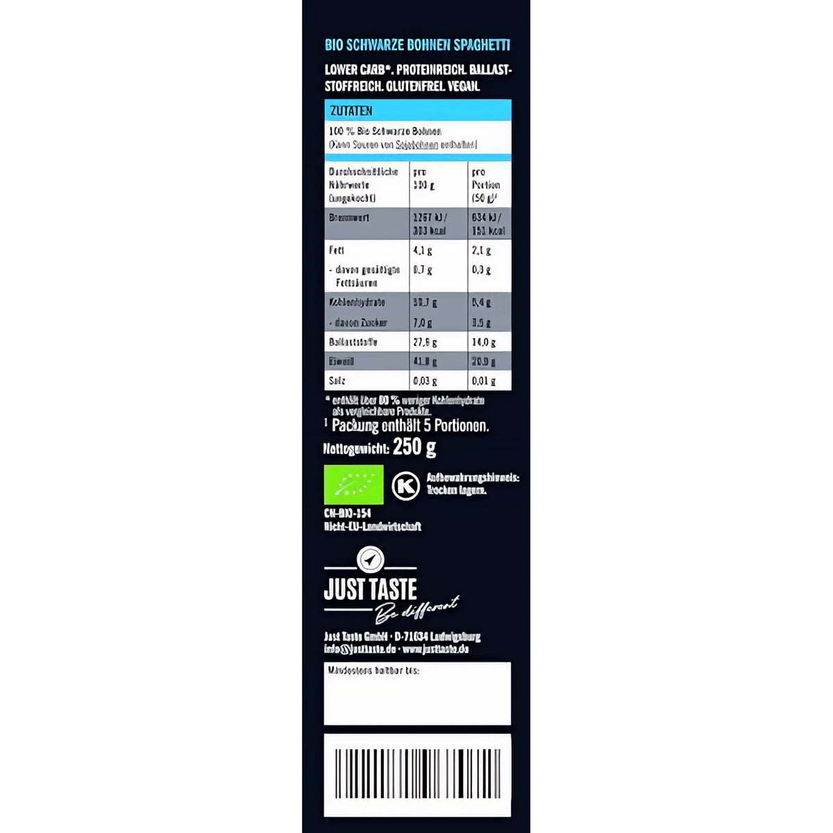 JUST TASTE - 3 BIO Superfood Bohnen Pasta Sorten - 6er Pack á 250g (2 x Edamame, 2x Kichererbse, 2x Black Beans) — Abbildung 3