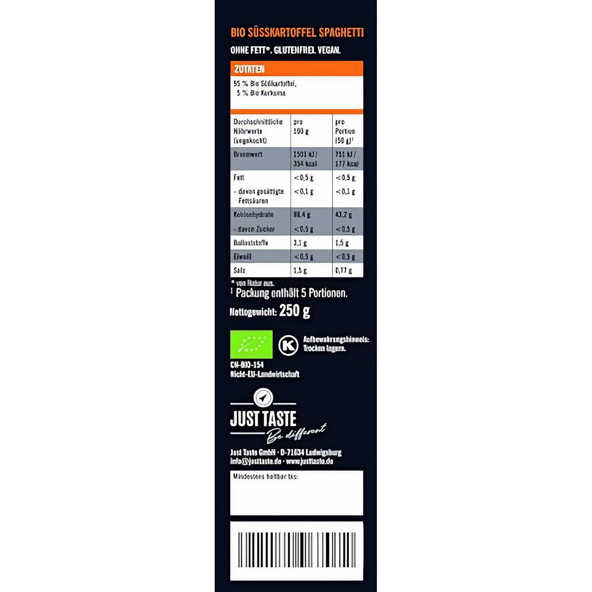 JUST TASTE - Die Famosen BIO Süßkartoffel Pasta Sorten - 6er Pack á 250g (2x Kurkuma Süßkartoffel, 2x Lila Süßkartoffel, 2 Weisse Süßkartoffel) — Abbildung 2