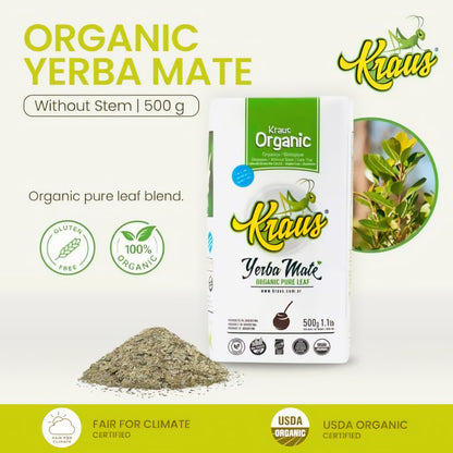 Kraus Pure Leaf Organic Mate-Tee 500g Packung mit losem Kräutertee davor, daneben ein rundes Pflanzenfoto und grüne Siegel auf hellem Hintergrund.