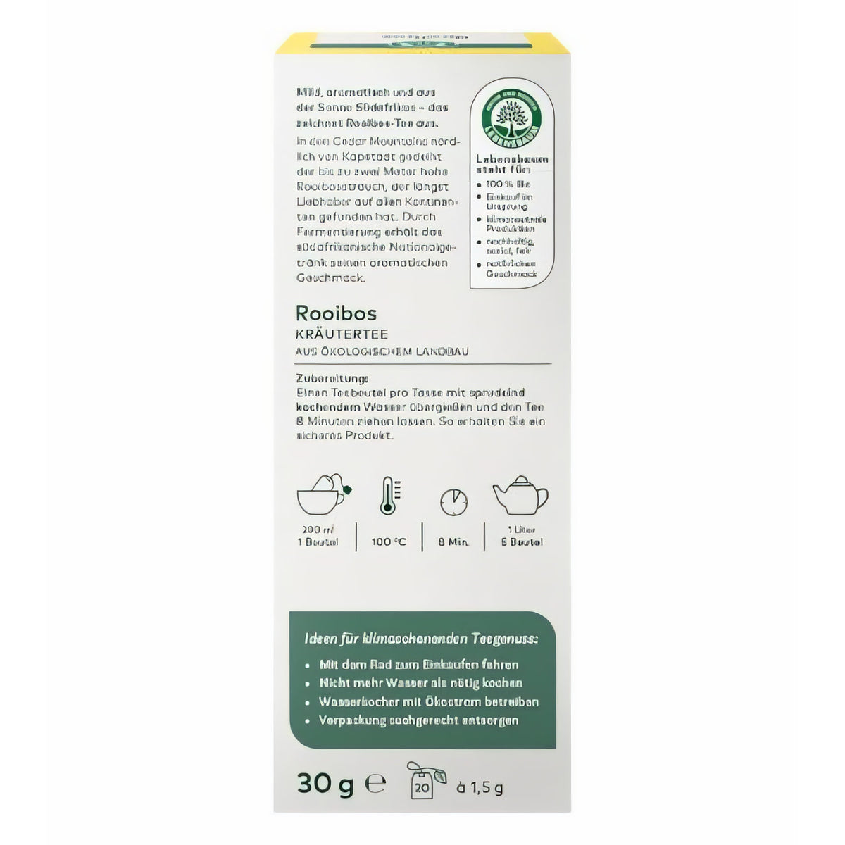 Rückseite der Lebensbaum Kräutertee-Verpackung mit Zubereitungshinweisen für Rooibos im Teebeutel und nachhaltigen Tipps.