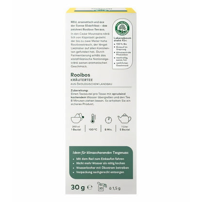 Rückseite der Lebensbaum Kräutertee-Verpackung mit Zubereitungshinweisen für Rooibos im Teebeutel und nachhaltigen Tipps.