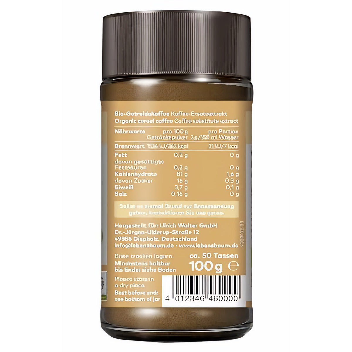 LEBENSBAUM Getreidekaffee, löslicher Bio mit fein-malzigem Geschmack, koffeinfreier Instant Kaffee, 100 g — Abbildung 2