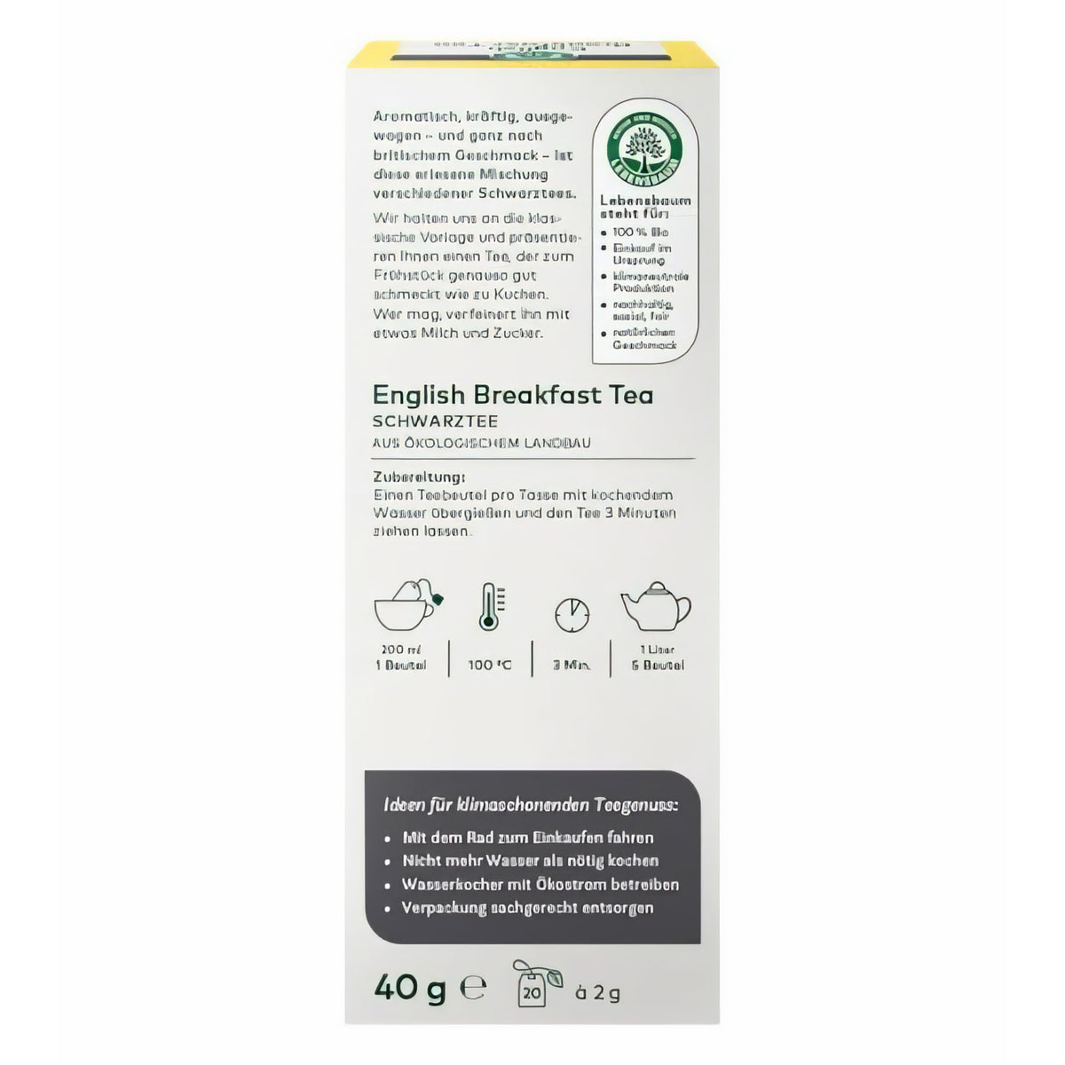 LEBENSBAUM English Breakfast, Bio-Schwarztee mit aromatisch-kräftigem Geschmack, 20 Teebeutel à 2 g, 40 g — Abbildung 2