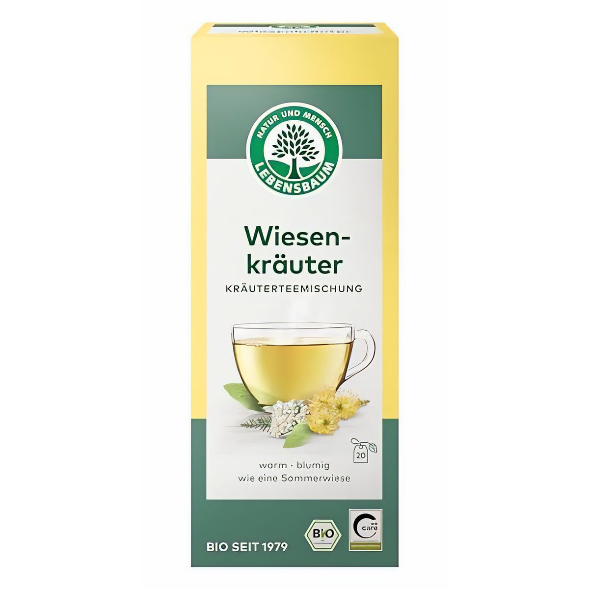 Lebensbaum Wiesenkräuter, Bio Kräutertee-Mischung, Bio-Tee, Sommer-Tee mit Geschmack von Apfel-Minze, Kamille & Holunderblüte, 20 Teebeutel, 35 g