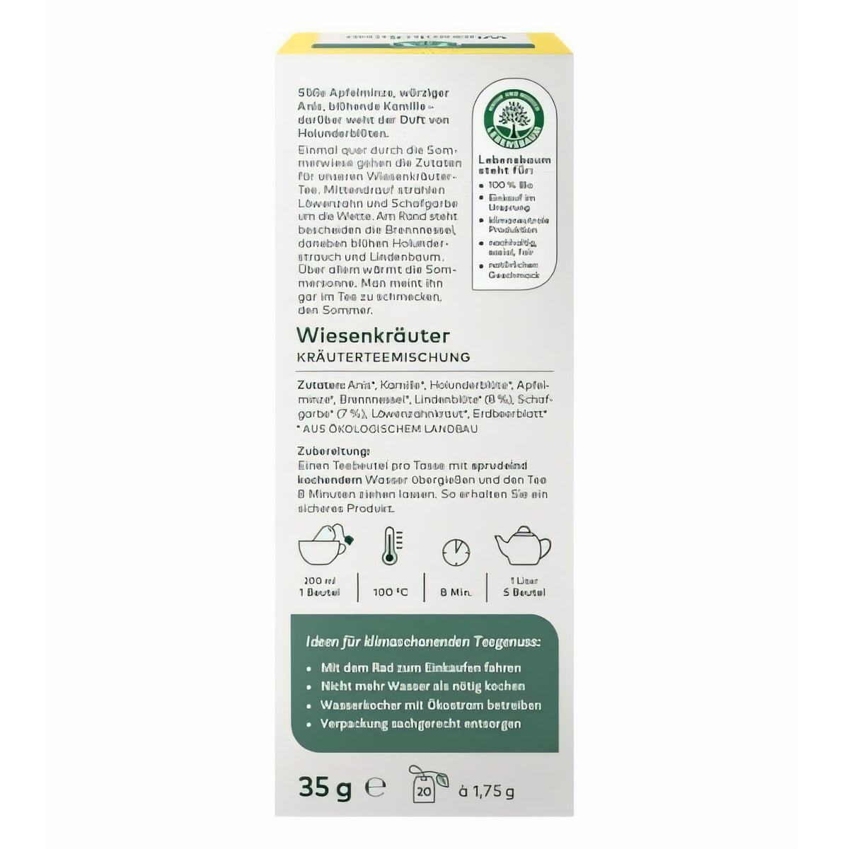 Lebensbaum Wiesenkräuter, Bio Kräutertee-Mischung, Bio-Tee, Sommer-Tee mit Geschmack von Apfel-Minze, Kamille & Holunderblüte, 20 Teebeutel, 35 g — Abbildung 2