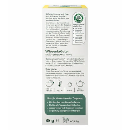 Lebensbaum Wiesenkräuter, Bio Kräutertee-Mischung, Bio-Tee, Sommer-Tee mit Geschmack von Apfel-Minze, Kamille & Holunderblüte, 20 Teebeutel, 35 g — Abbildung 2