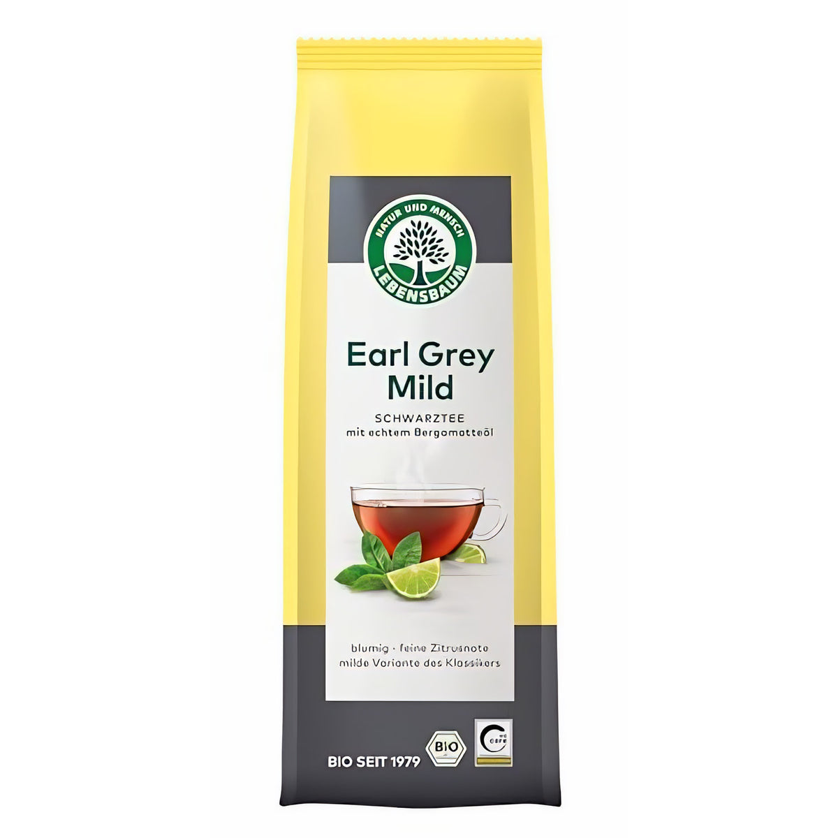 LEBENSBAUM Schwarztee Earl Grey Mild, milder Bio-Schwarztee, aromatischer Schwarzer Tee mit feinem Bergamotte- und Zitronen-Aroma, loser Tee, 100g