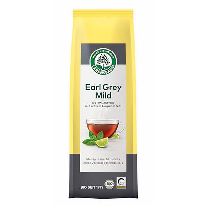 LEBENSBAUM Schwarztee Earl Grey Mild, milder Bio-Schwarztee, aromatischer Schwarzer Tee mit feinem Bergamotte- und Zitronen-Aroma, loser Tee, 100g