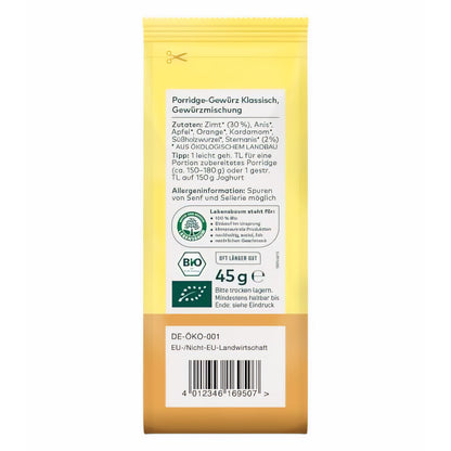 Rückseite der lebensbaum Verpackung, klassisches Porridge-Gewürz mit Zutatenliste, Bio-Siegel und Allergiehinweis auf der Gewürzmischung.