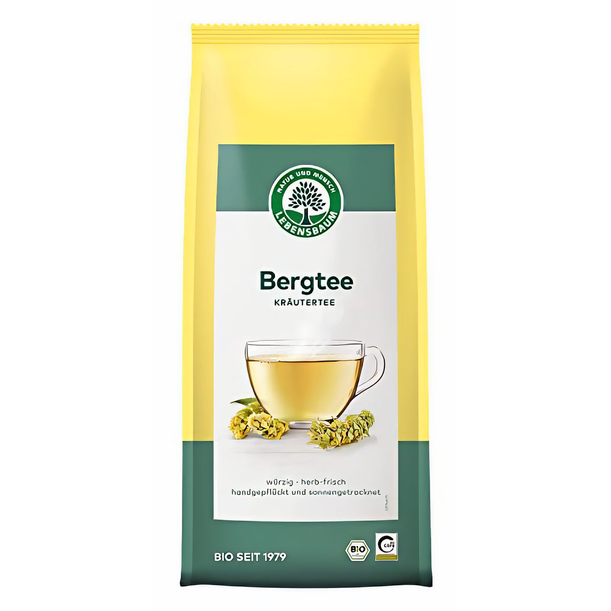 Vorderseite der Lebensbaum Verpackung für griechischen Bergtee, loser Kräutertee mit Tasse Tee und getrockneten Blüten abgebildet.