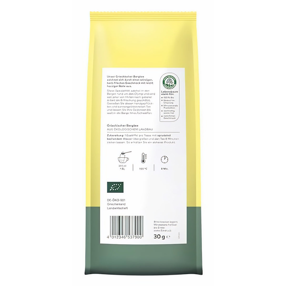 Rückseite der Lebensbaum Verpackung für griechischen Bergtee mit Zubereitungshinweisen und Produktinformationen.