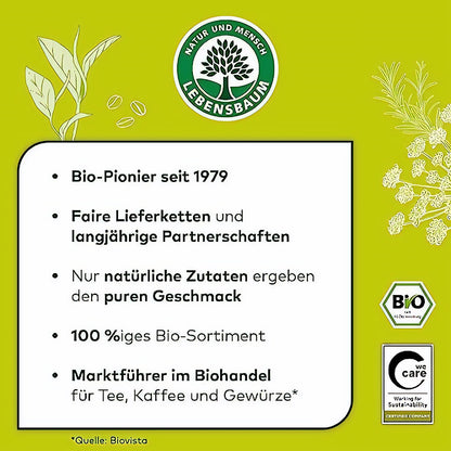 Infografik mit Lebensbaum Logo und Informationen zur Bio-Qualität und Philosophie des Herstellers von griechischem Bergtee.