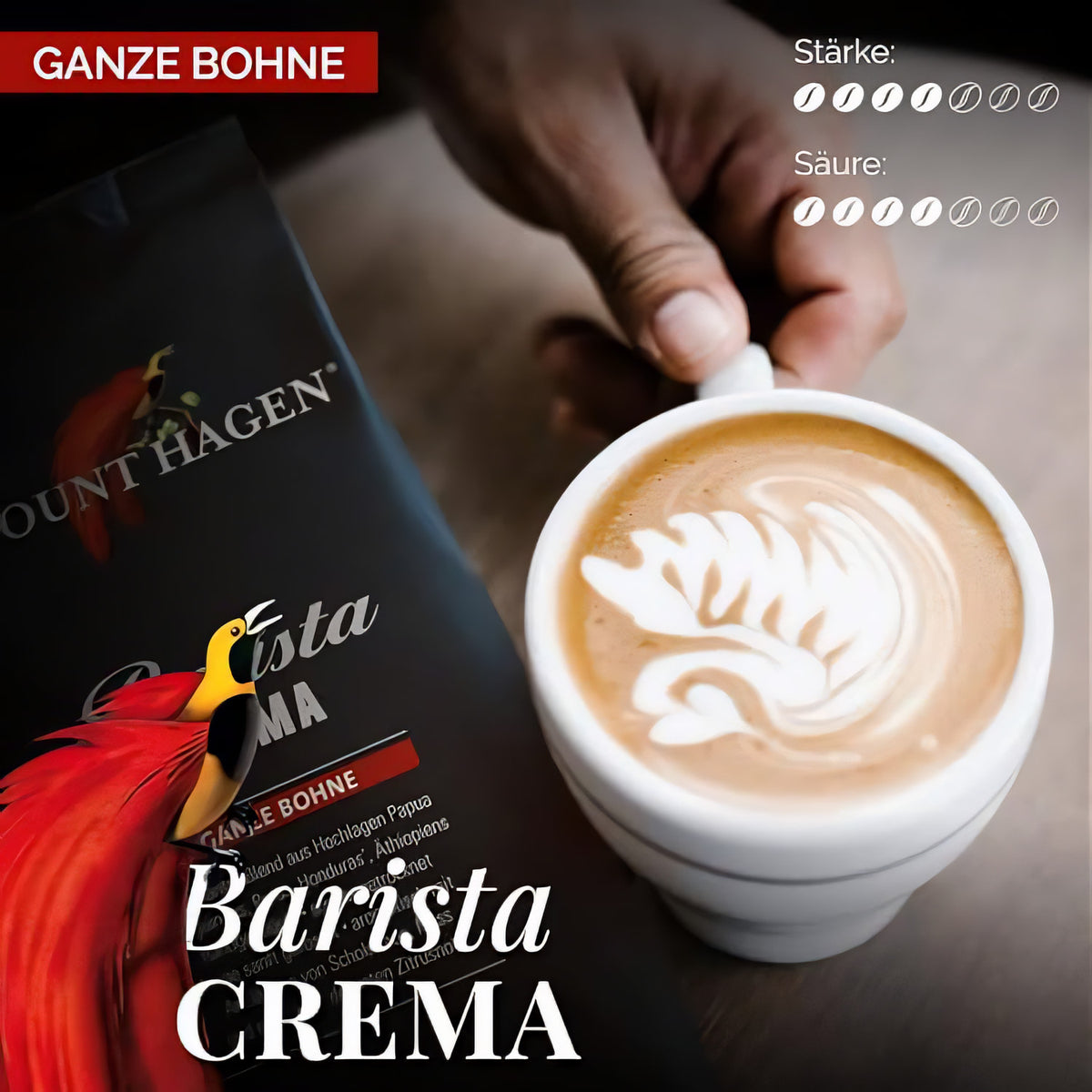 Mount Hagen Barista Crema ganze Bohne neben einer Hand, die eine Tasse Kaffee mit Latte Art hält.