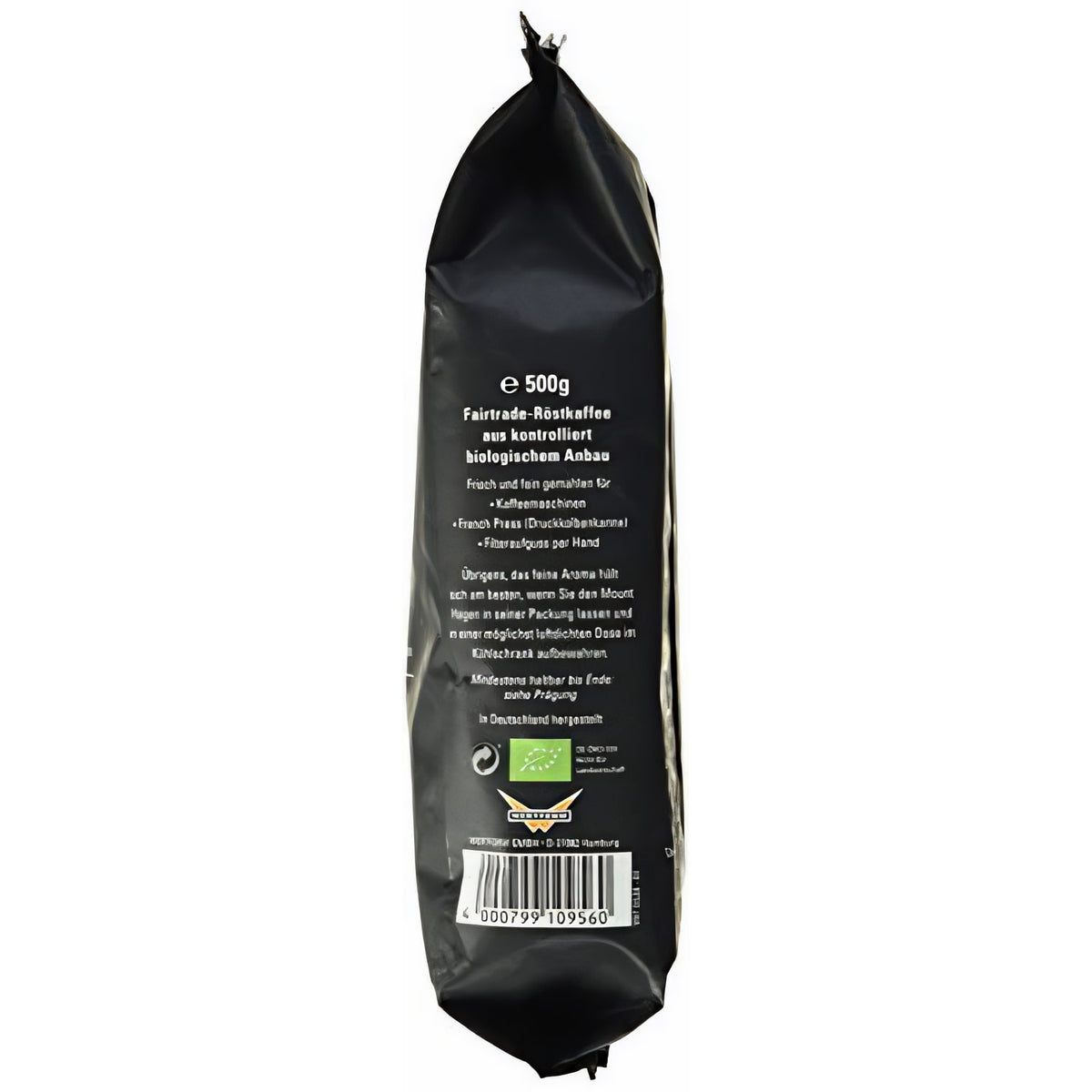 Seitenansicht der Mount Hagen Arabica Kaffee 500g Packung mit Text zu Fairtrade-Röstkaffee, Zubereitungstipps für Filterkaffee und Barcode unten.