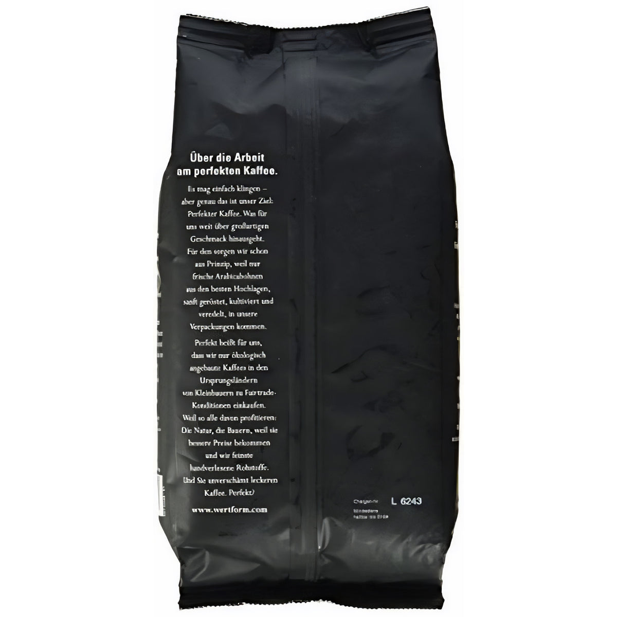 Rückseite der Mount Hagen Arabica Kaffee 500g Packung mit ausführlichem Text zur Philosophie und Herstellung des Bio-Filterkaffees.