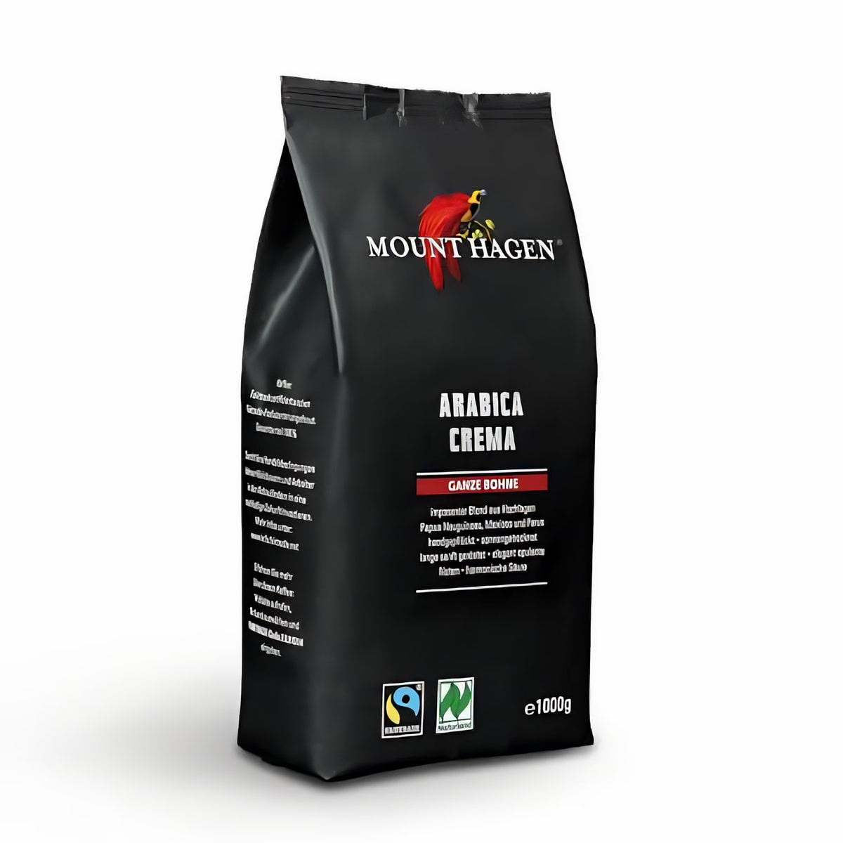 Schwarze Packung Mount Hagen Arabica Crema ganze Bohne mit Fairtrade- und Naturland-Siegel, stehend auf weißem Hintergrund.