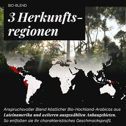 Weltkarte mit markierten Herkunftsregionen für Mount Hagen Arabica Crema Kaffee und Wald im Hintergrund.