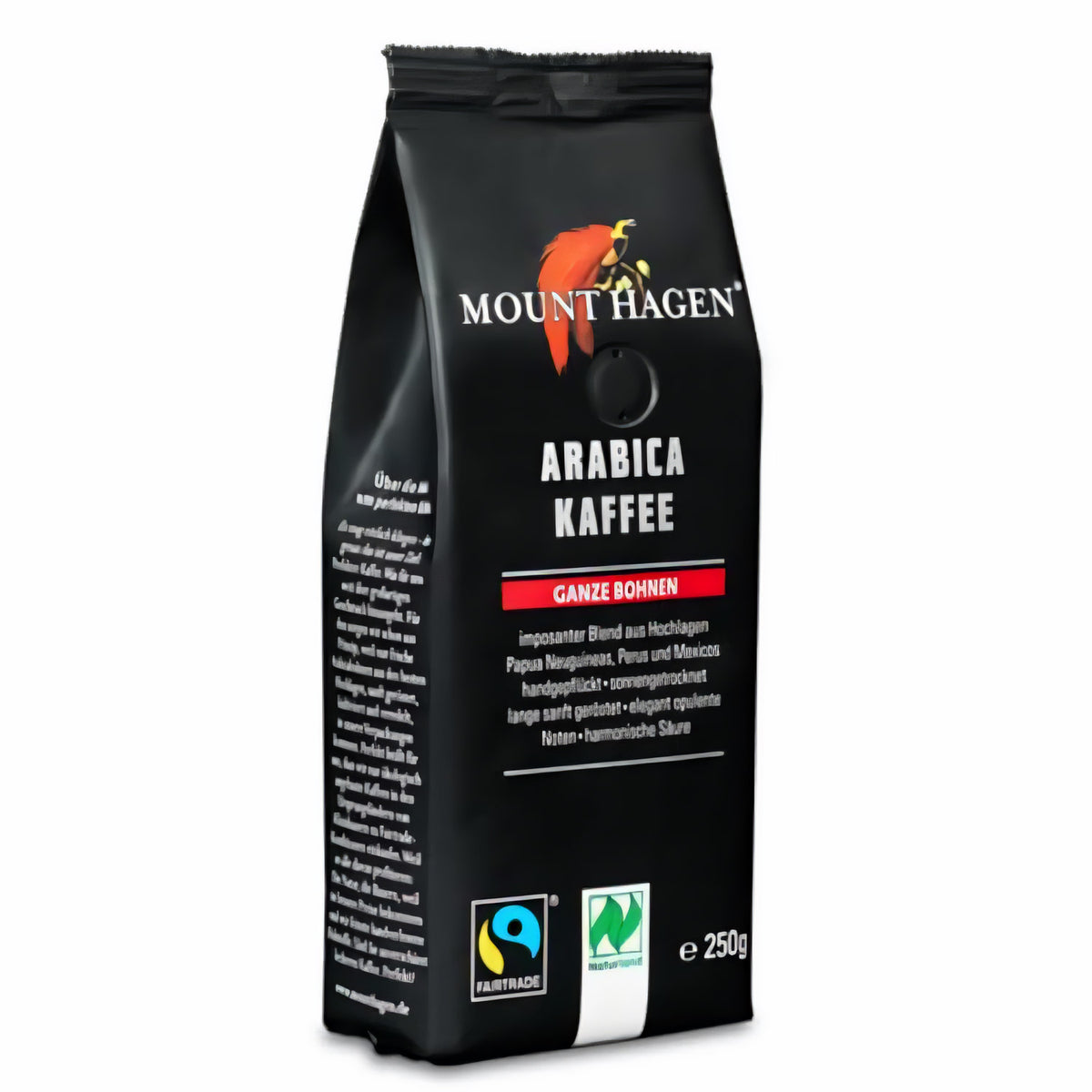 Schwarze Packung Mount Hagen Arabica Kaffee 250g ganze Bohne, Fairtrade- und Naturland-Logo, leicht von links fotografiert.