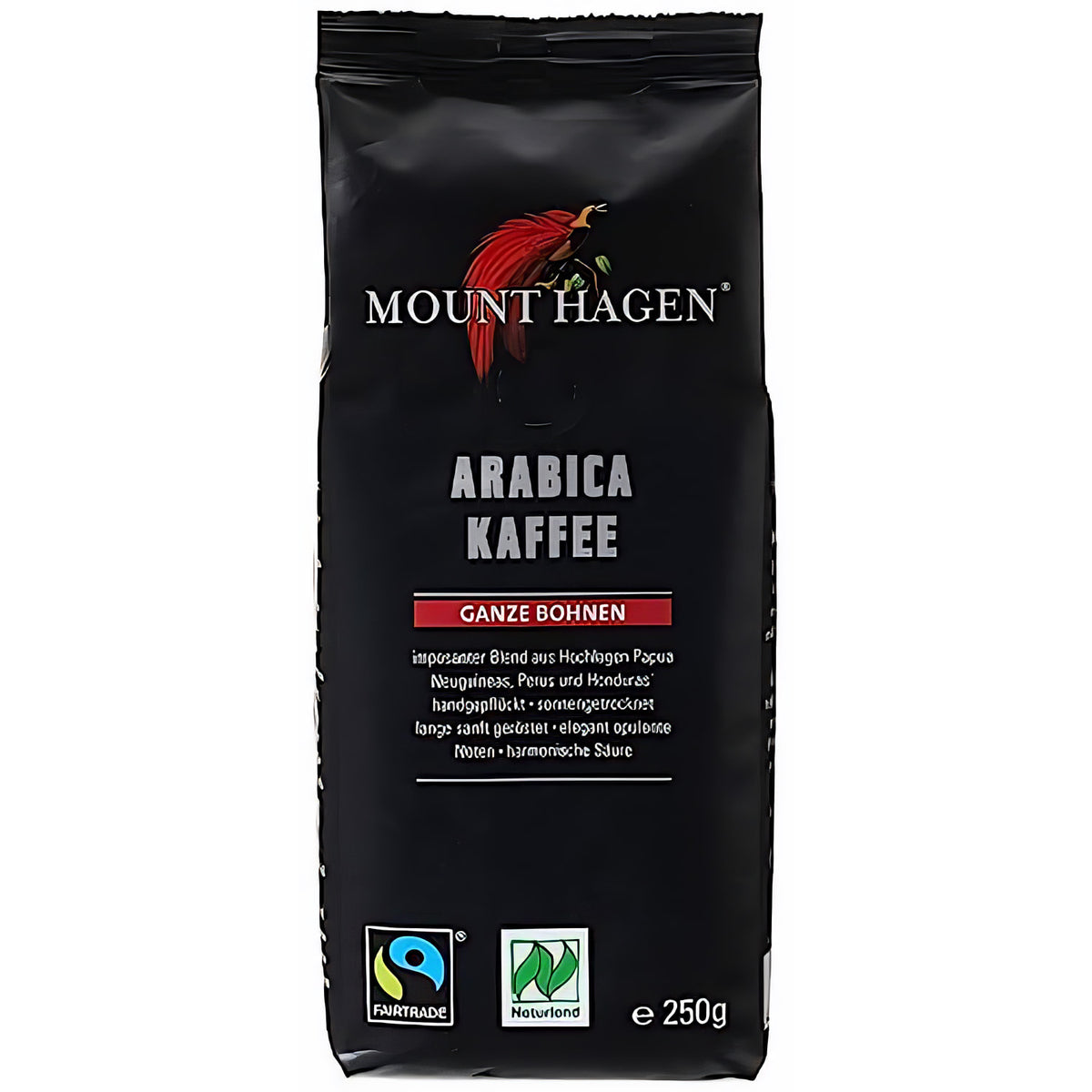 Mount Hagen Arabica Röstkaffee 250g ganze Bohne, Packung frontal mit Fairtrade- und Naturland-Siegel.