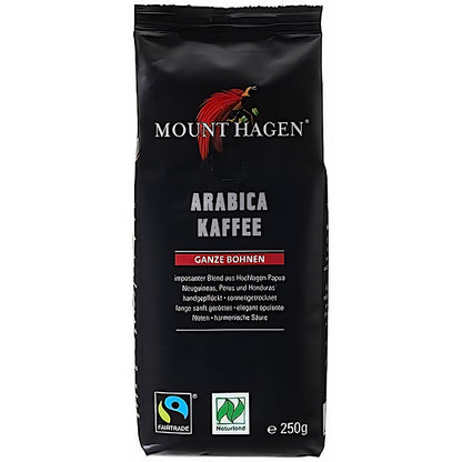 Mount Hagen Arabica Röstkaffee 250g ganze Bohne, Packung frontal mit Fairtrade- und Naturland-Siegel.