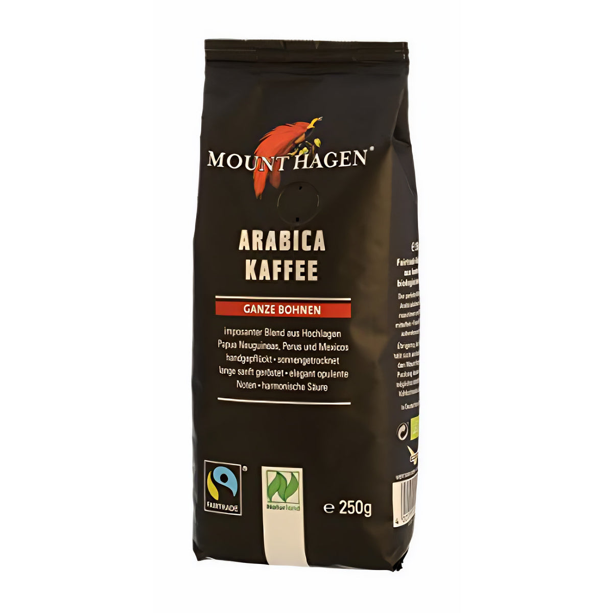 Mount Hagen Arabica Kaffee 250g ganze Bohne, Packung leicht von rechts mit sichtbarem Text und Siegeln.