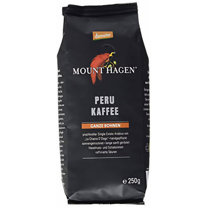 Vorderseite einer schwarzen Packung Mount Hagen Peru Kaffee ganze Bohne 250g mit Papagei-Logo und Demeter-Siegel.