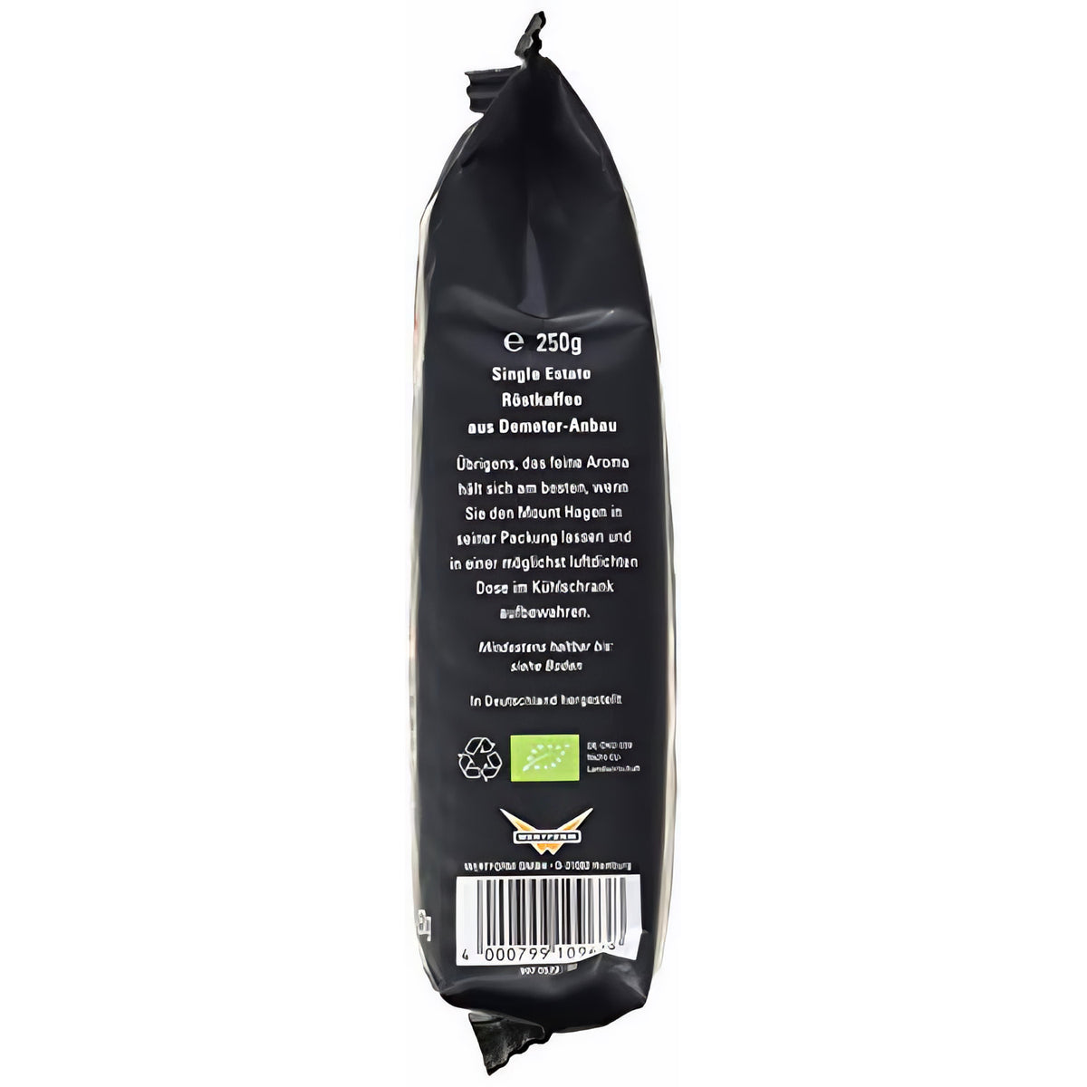 Rückseite der Mount Hagen Peru Kaffee 250g Packung mit Barcode, Bio-Siegel und Lagerhinweisen für Bohne.