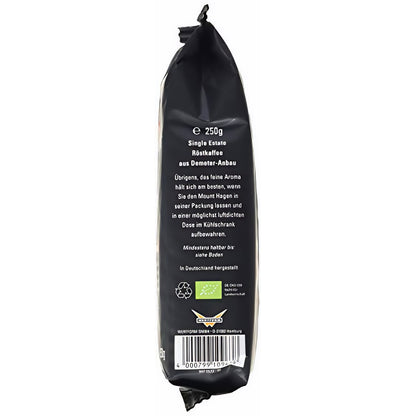 Rückseite der Mount Hagen Peru Kaffee 250g Packung mit Barcode, Bio-Siegel und Lagerhinweisen für Bohne.