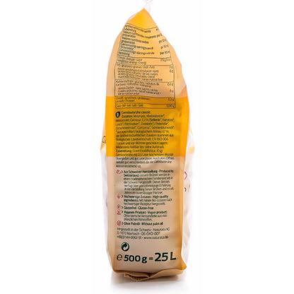 Seitenansicht des Naturata Gemüsebrühe classic Nachfüllbeutels 500g mit Zutatenliste und Zubereitungshinweisen.