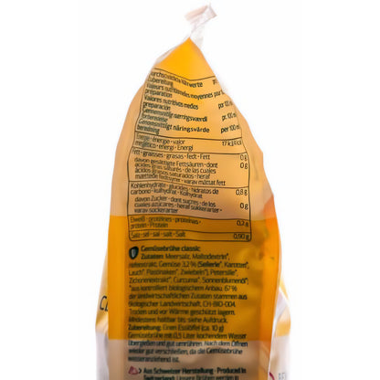 Detailansicht der Nährwerttabelle und Zutaten auf dem Naturata Gemüsebrühe classic Nachfüllbeutel 500g.